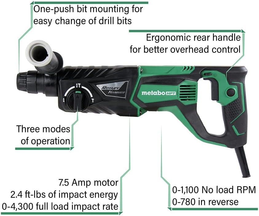 Metabo HPT Rotary Hammer | SDS Plus | 1-Inch, 7.5-Amp | For Drilling | Chipping and Hammer Drilling (DH26PF)(Metabo HPT DH26PF)