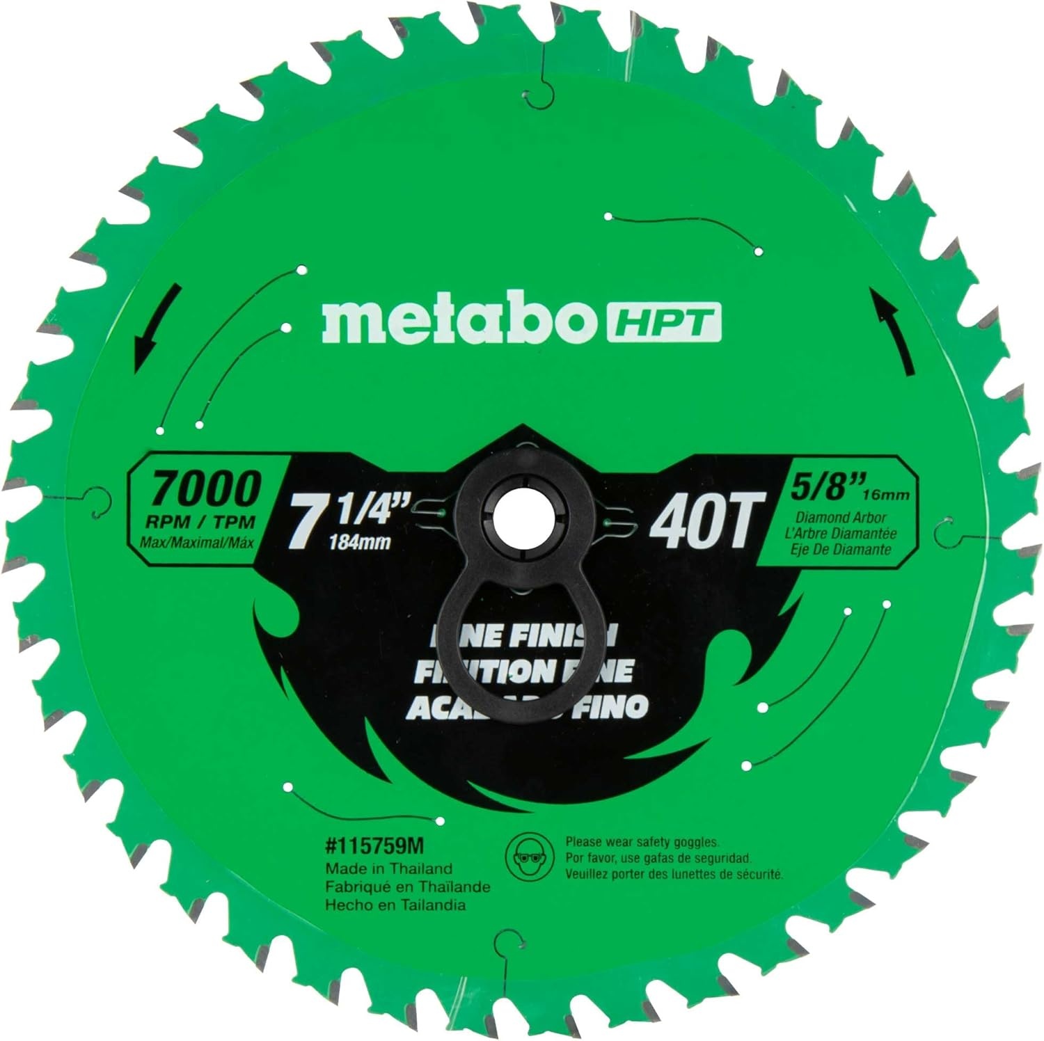 Metabo HPT Circular Saw Fine Finish Blade, 7-1/4-Inch, 40-Tooth, Industrial High Performance Tungsten Carbide, PTFE Coating, Laser-Cut Expansion Slots, 115759M
