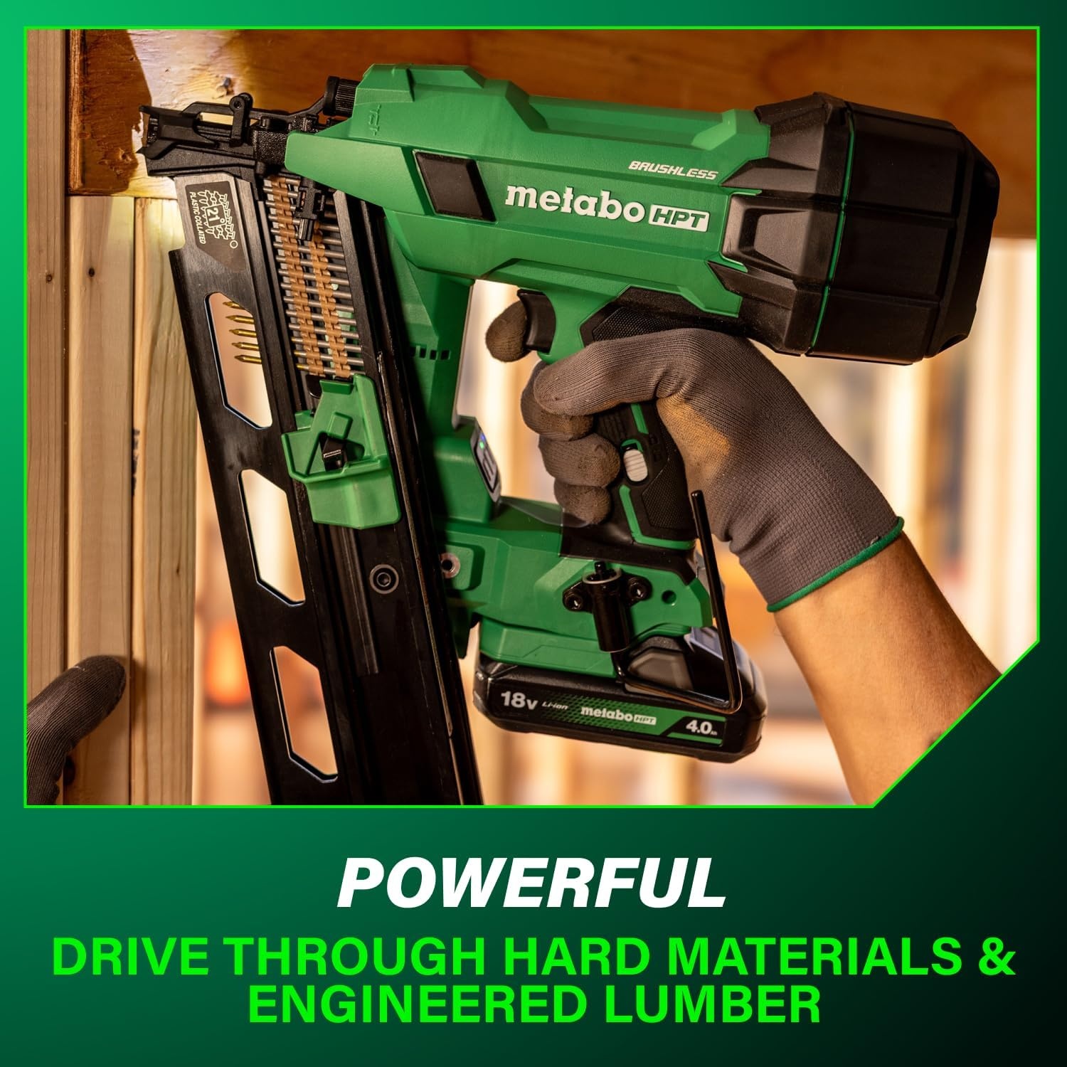 Bundle of Metabo HPT Cordless Framing Nailer, 18V – 4.0 Ah, MultiVolt™, 21 Degree, 3-1/2-Inch Plastic Strip Nails, NR1890DRA + Metabo HPT 18V/36V MultiVolt™ Battery | 380083M