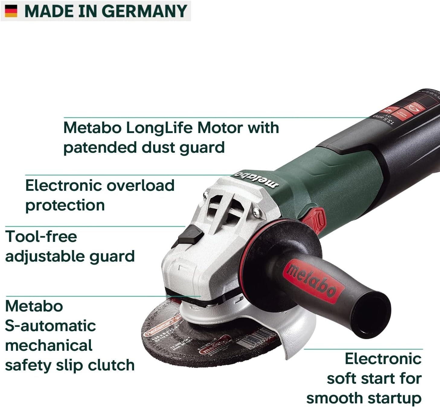 Metabo HPT Corded Angle Grinder 5 Inch, 13.5 AMP Electric Angle Grinder Tool, Variable Speed, VTC Electronics, 2800-9600 RPM, Made in Germany, Heavy Duty Power Tools, WEV 15-125 HT, 646562420(Metabo WEV 15-125 HT)