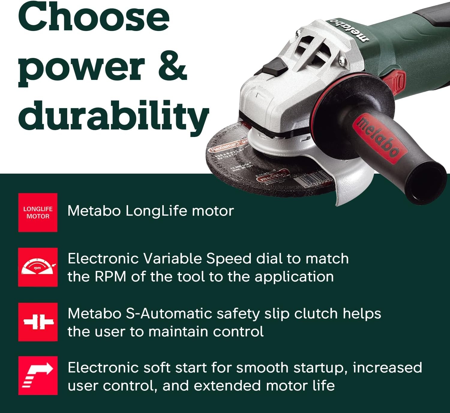 Metabo HPT Corded Angle Grinder 5 Inch, 13.5 AMP Electric Angle Grinder Tool, Variable Speed, VTC Electronics, 2800-9600 RPM, Made in Germany, Heavy Duty Power Tools, WEV 15-125 HT, 646562420(Metabo WEV 15-125 HT)