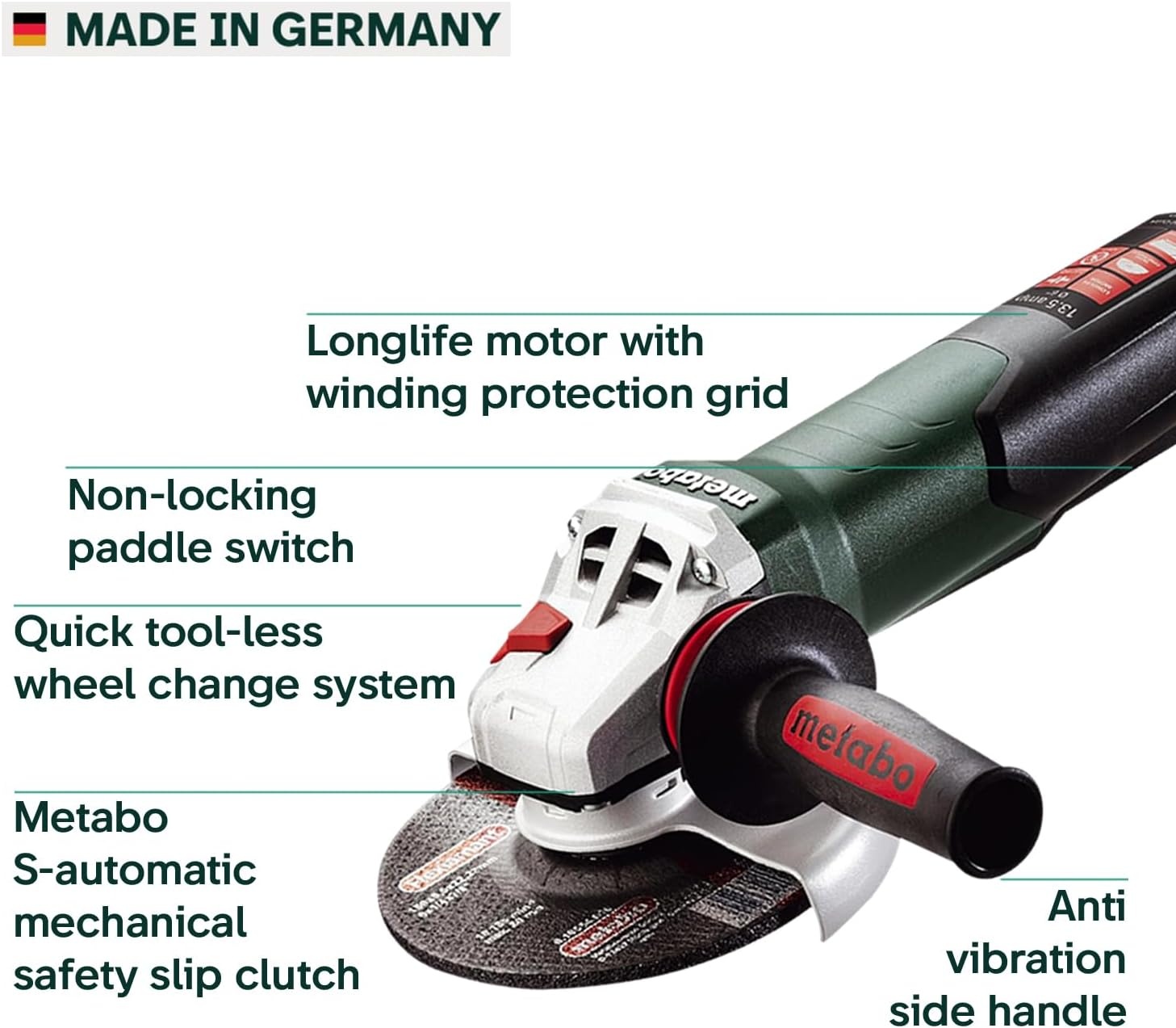 Metabo HPT Corded Angle Grinder 6 Inch, 13.5 AMP Electric Angle Grinder Tool, Electronic Speed Control, M-Quick System, 9,600 RPM, Made in Germany, Paddle Switch, WEP 15-150 Quick, 646488420(Metabo WEP 15-150 Quick)