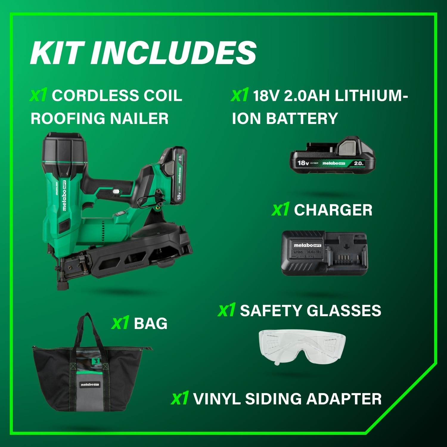 Bundle of Metabo HPT 18V MultiVolt™ Cordless Coil Roofing Nailer Kit, NV1845DA + Metabo HPT 18V/36V MultiVolt™ Battery | 2.5Ah / 5.0Ah | 380083M