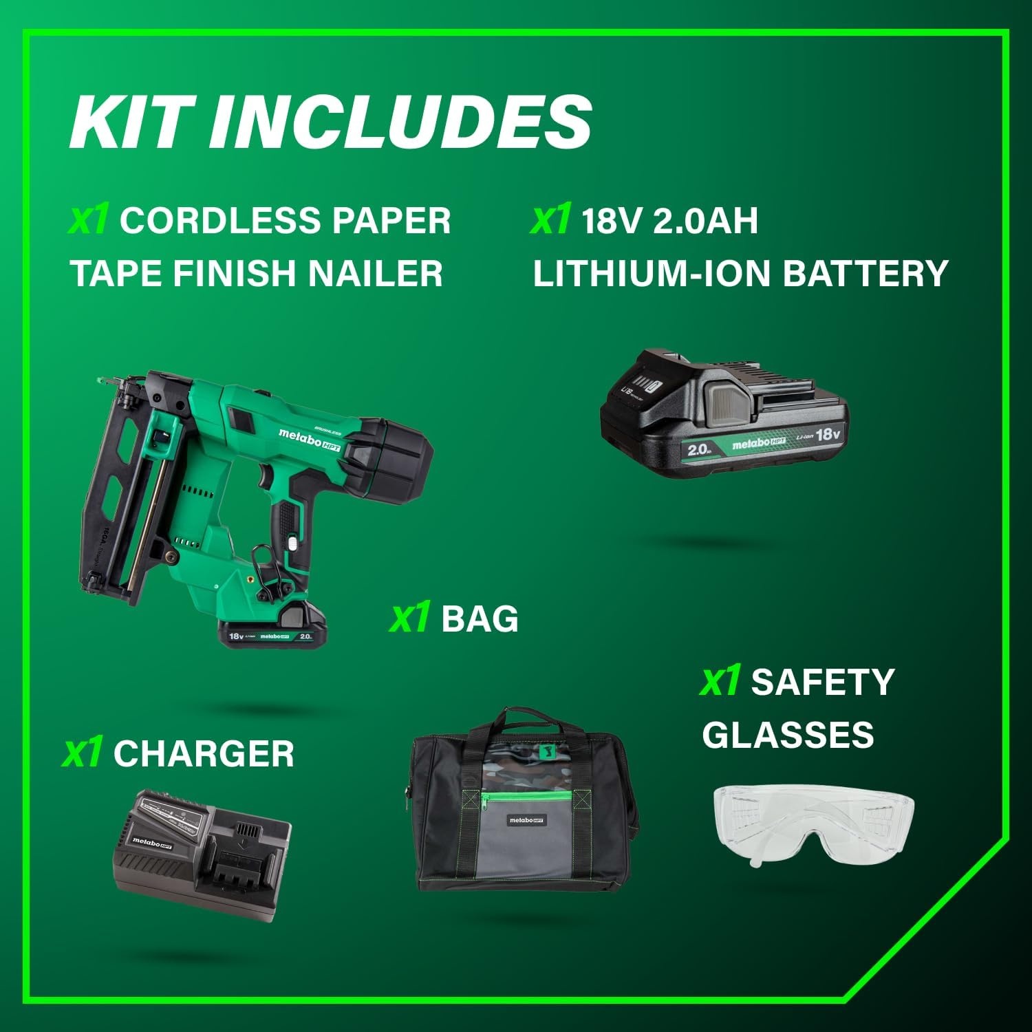 Bundle of Metabo HPT Cordless Finish Nailer Kit, 18V MultiVolt™, 16 Gauge Straight, NT1865DSA + Metabo HPT 18V/36V MultiVolt™ Battery | 2.5Ah / 5.0Ah | 380083M