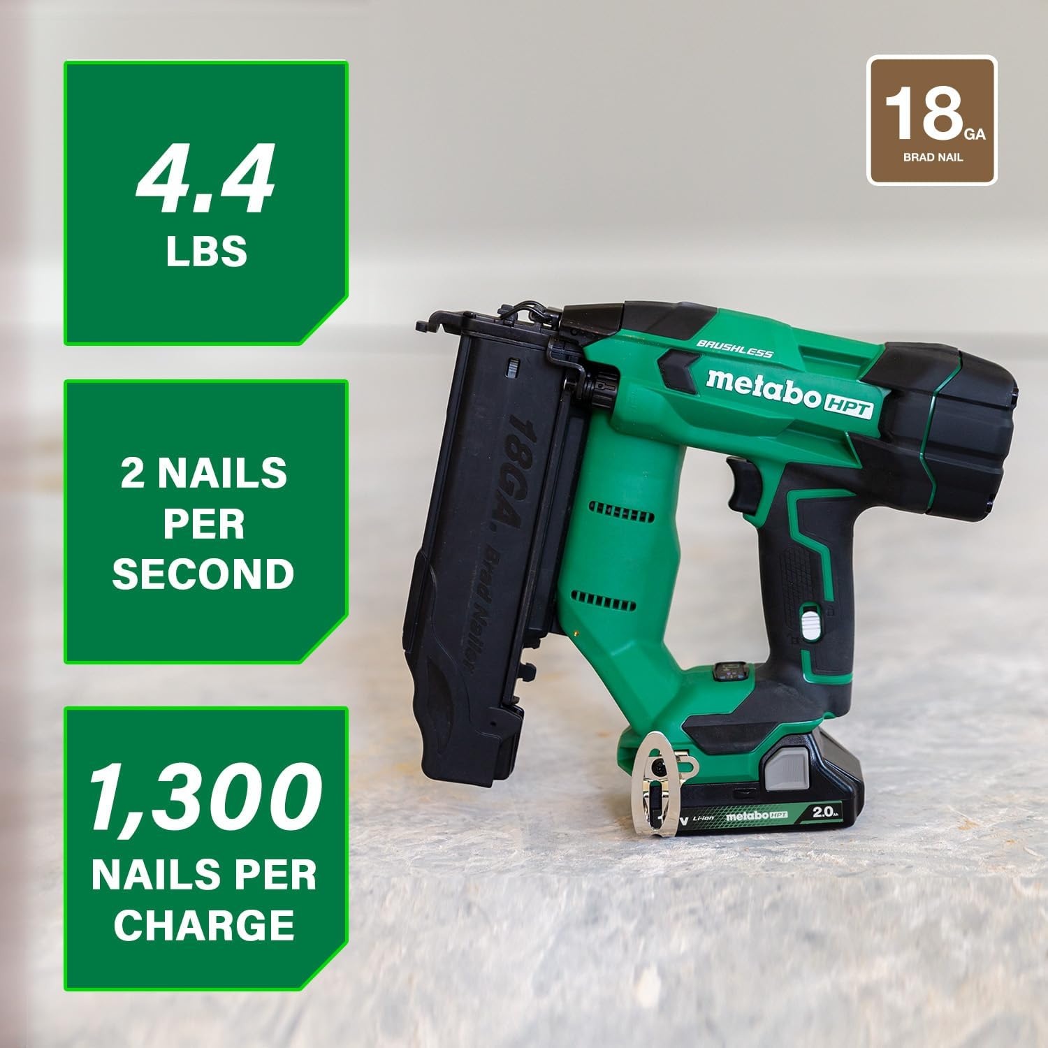 Metabo HPT 18V MultiVolt Brushless Compact Cordless Brad Nailer Kit, 18 Gauge Nailer with Power Tool 2.0Ah Lithium Ion Battery, Drives 5/8″ to 2″ Brad Nails, NT1850DFT(NT1850DFT)