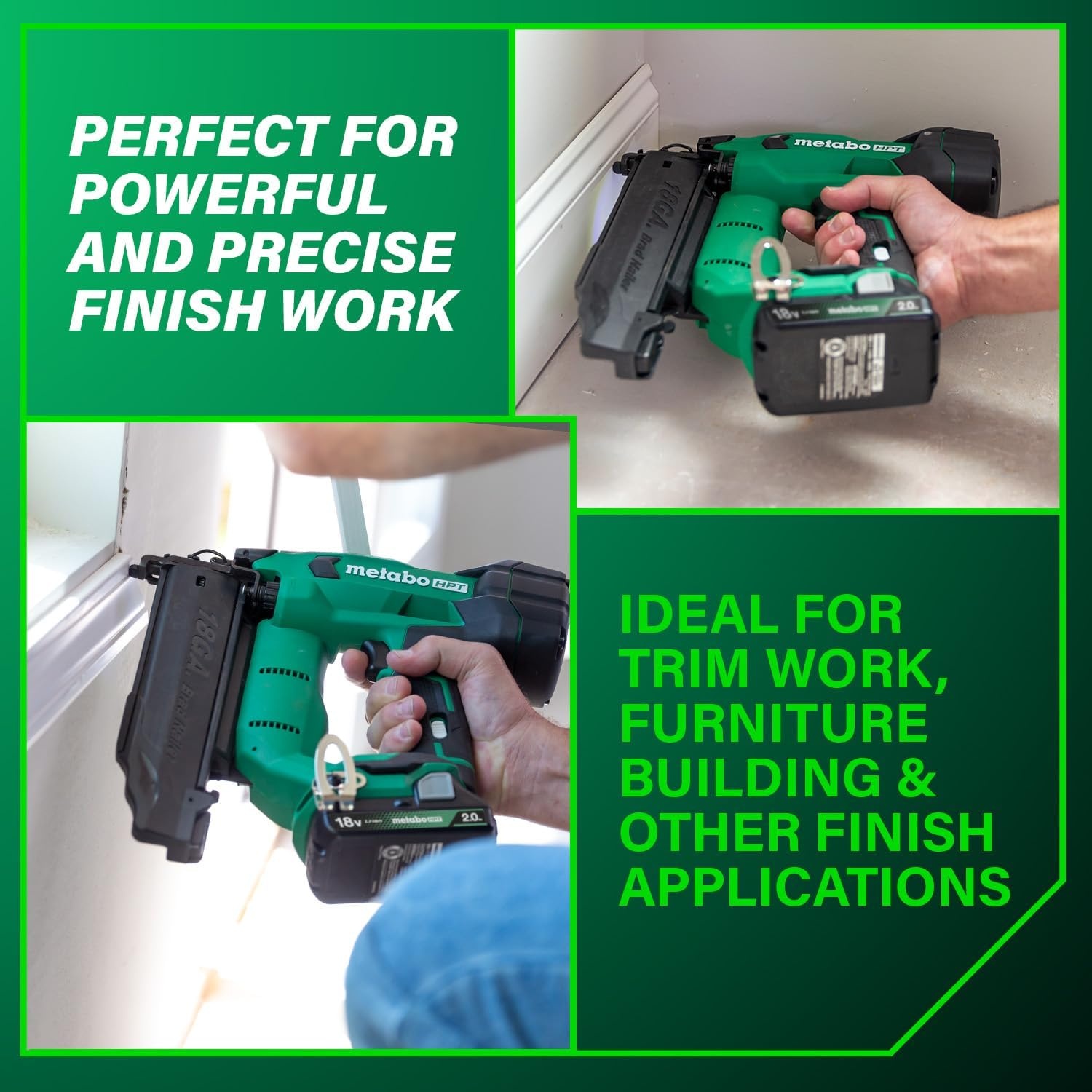 Metabo HPT 18V MultiVolt Brushless Compact Cordless Brad Nailer Kit, 18 Gauge Nailer with Power Tool 2.0Ah Lithium Ion Battery, Drives 5/8″ to 2″ Brad Nails, NT1850DFT(NT1850DFT)