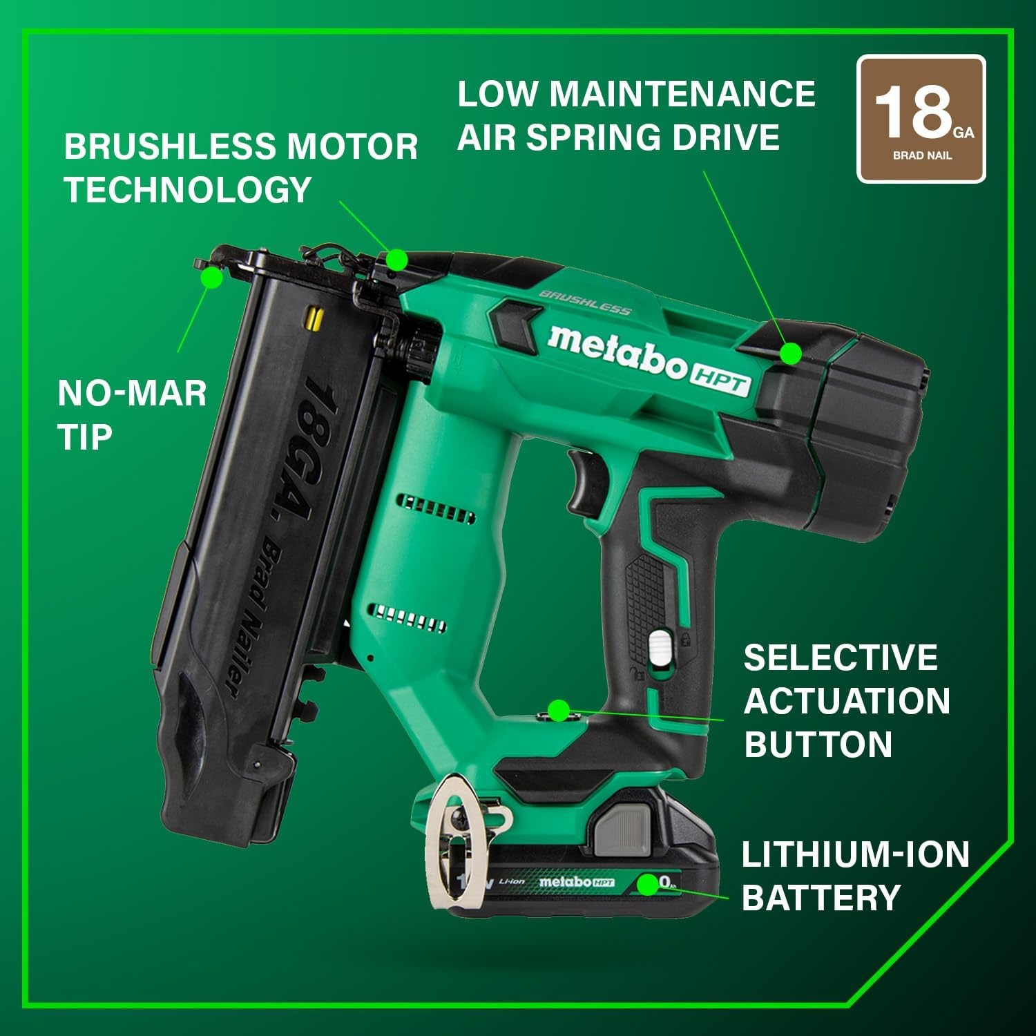 Metabo HPT 18V MultiVolt Brushless Compact Cordless Brad Nailer Kit, 18 Gauge Nailer with Power Tool 2.0Ah Lithium Ion Battery, Drives 5/8″ to 2″ Brad Nails, NT1850DFT(NT1850DFT)