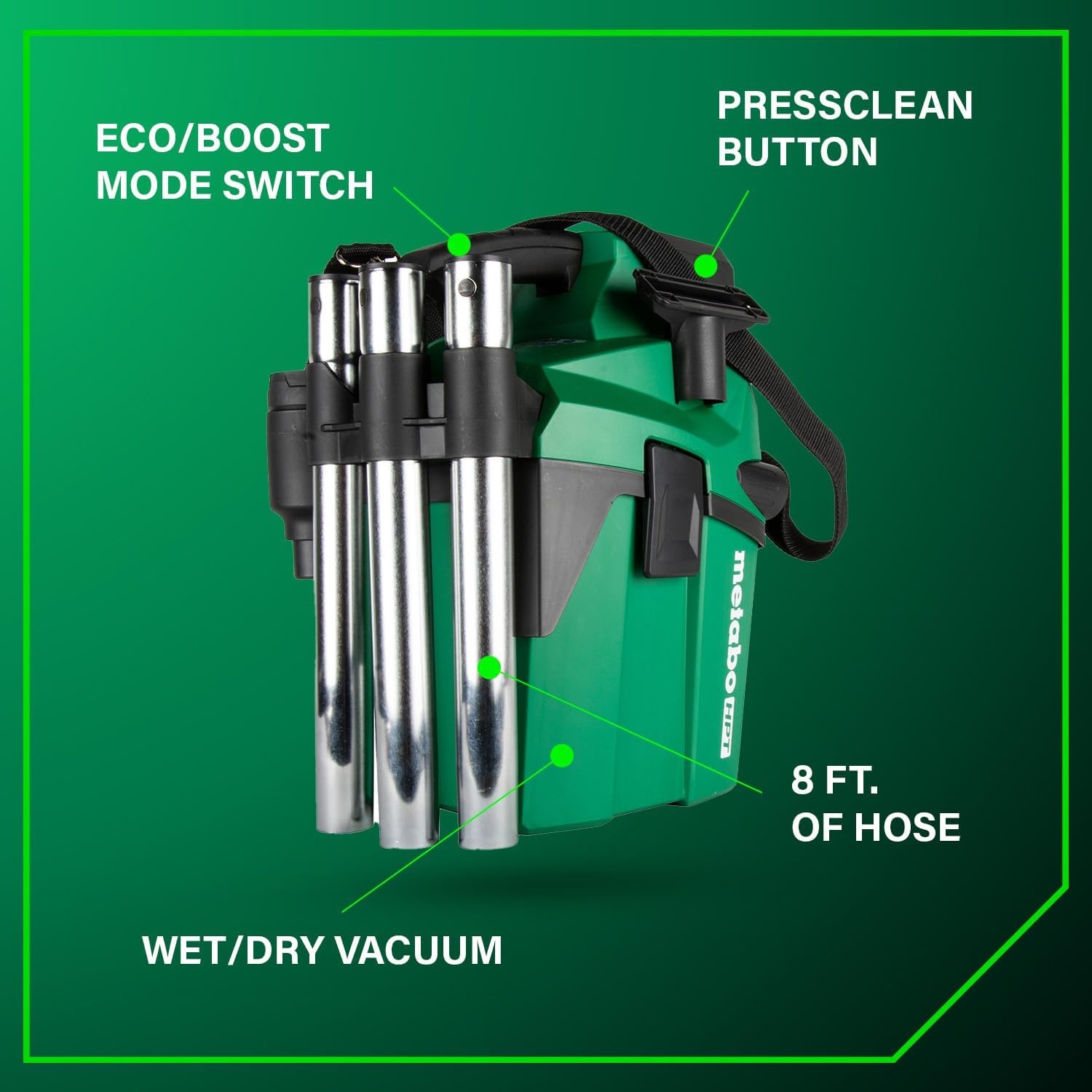 Metabo HPT 18V Cordless Wet/Dry Vacuum, 1.6 Gallon HEPA Filter Vacuum, Powerful 74 CFM Airflow, 8 ft. of Stretchable Hose, Eco and Boost Modes, Lightweight Design, Tool Body Only, RP18DAQ4(RP18DAQ4 Only)